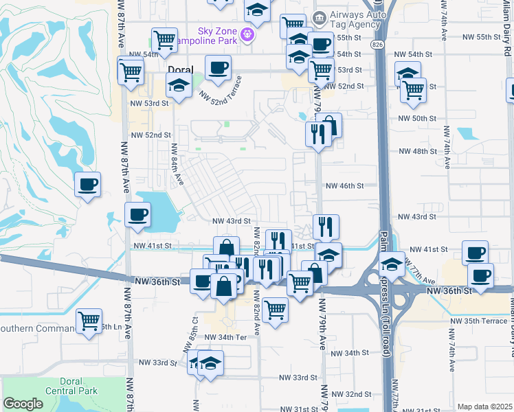 map of restaurants, bars, coffee shops, grocery stores, and more near 8219 Northwest 43rd Terrace in Doral