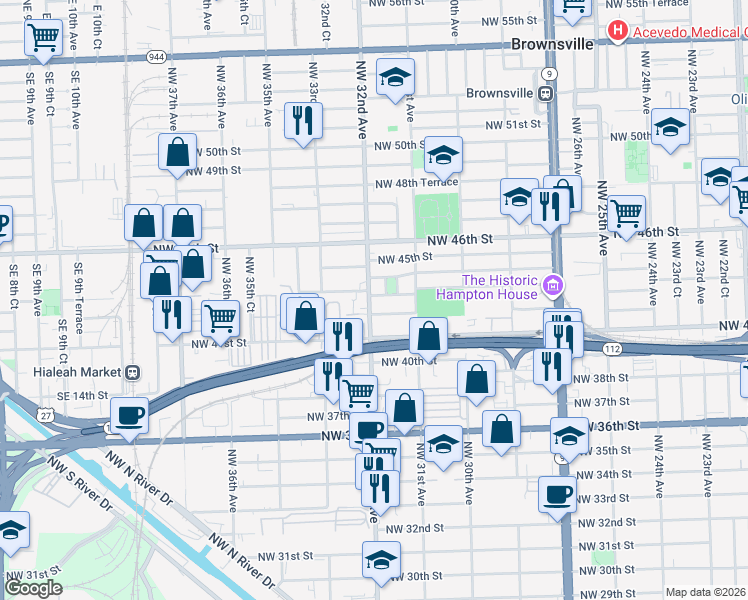 map of restaurants, bars, coffee shops, grocery stores, and more near 3195 Northwest 42nd Street in Miami