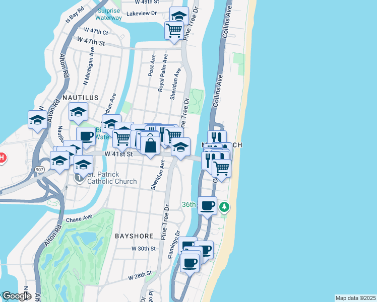 map of restaurants, bars, coffee shops, grocery stores, and more near 4049 Pine Tree Drive in Miami Beach