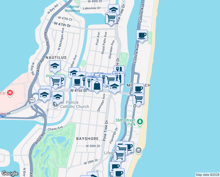 map of restaurants, bars, coffee shops, grocery stores, and more near 301 West 41st Street in Miami Beach