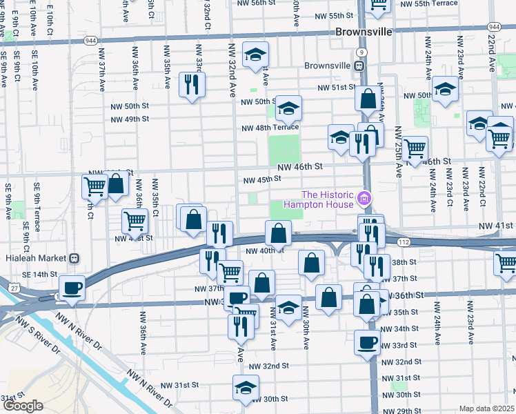 map of restaurants, bars, coffee shops, grocery stores, and more near 3125 Northwest 42nd Street in Miami