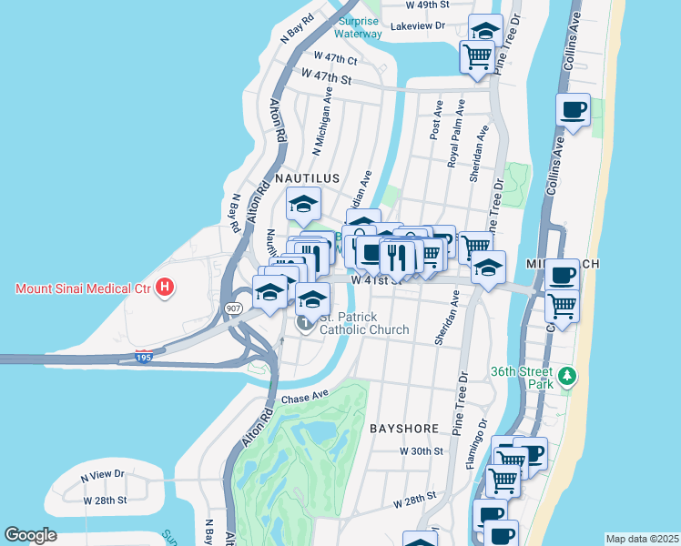 map of restaurants, bars, coffee shops, grocery stores, and more near 4035 Meridian Avenue in Miami Beach