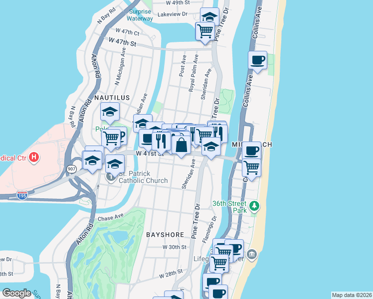 map of restaurants, bars, coffee shops, grocery stores, and more near 433 West 41st Street in Miami Beach