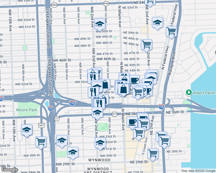 map of restaurants, bars, coffee shops, grocery stores, and more near 97 Northwest 40th Street in Miami