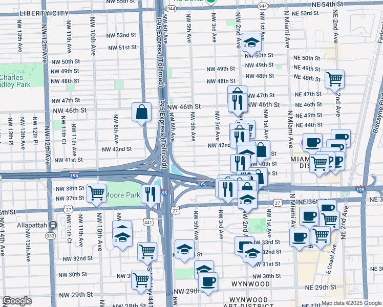 map of restaurants, bars, coffee shops, grocery stores, and more near 4001 Northwest 5 Avenue in Miami