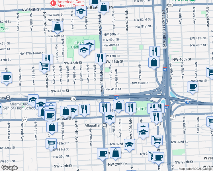 map of restaurants, bars, coffee shops, grocery stores, and more near 1192 Northwest 41st Street in Miami