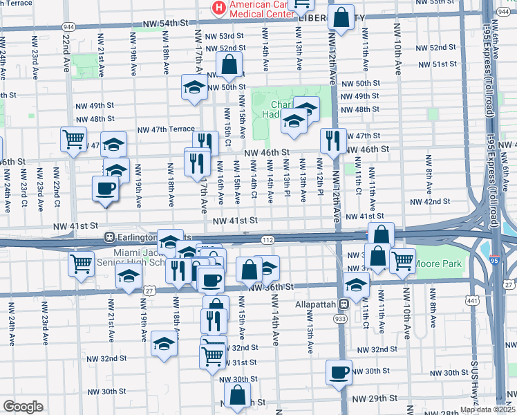 map of restaurants, bars, coffee shops, grocery stores, and more near 1467 Northwest 41st Street in Miami