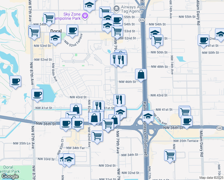 map of restaurants, bars, coffee shops, grocery stores, and more near 4350 Northwest 79th Avenue in Doral