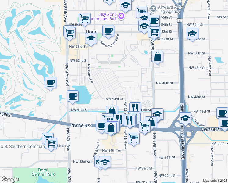 map of restaurants, bars, coffee shops, grocery stores, and more near 7901 Northwest 41st Street in Doral