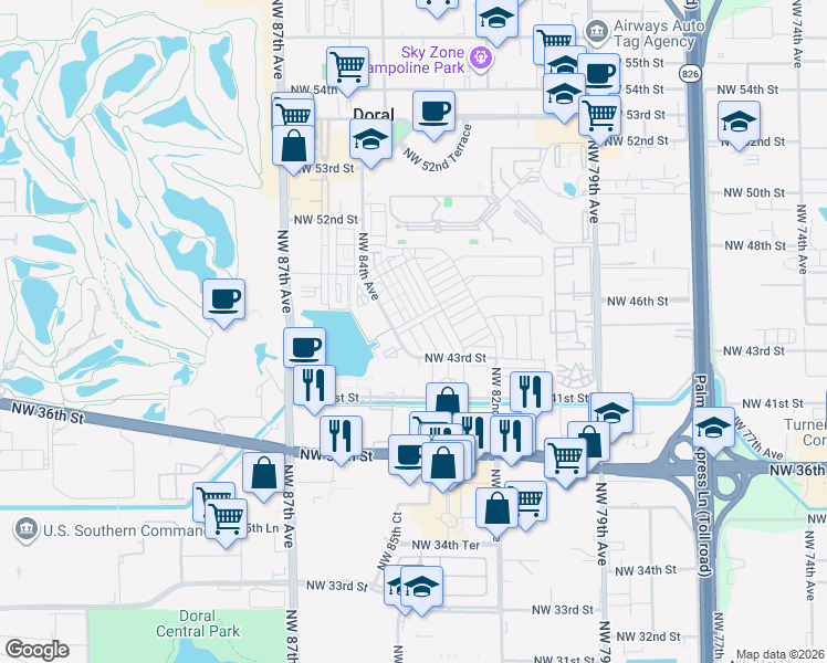 map of restaurants, bars, coffee shops, grocery stores, and more near 8381 Northwest 43rd Street in Doral