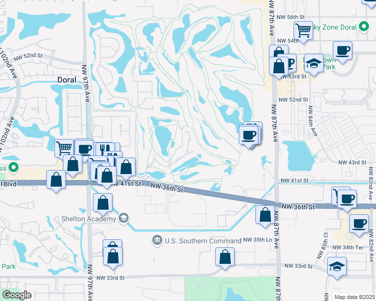 map of restaurants, bars, coffee shops, grocery stores, and more near 4485 Northwest 93rd Doral Court in Doral