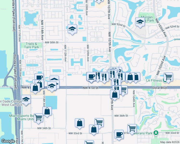 map of restaurants, bars, coffee shops, grocery stores, and more near 158 Northwest 107th Avenue in Doral
