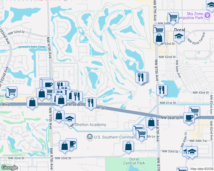 map of restaurants, bars, coffee shops, grocery stores, and more near 4485 Northwest 93rd Doral Court in Doral