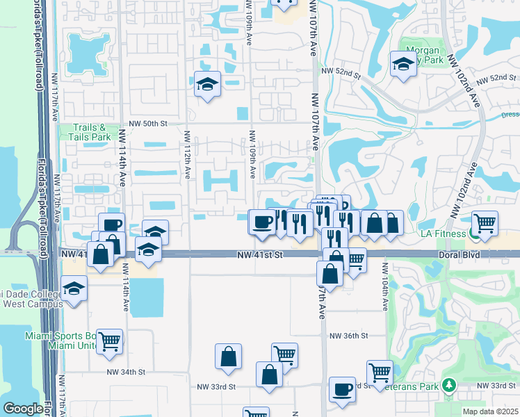 map of restaurants, bars, coffee shops, grocery stores, and more near 158 Northwest 107th Avenue in Doral