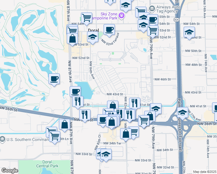 map of restaurants, bars, coffee shops, grocery stores, and more near 8381 Northwest 43rd Street in Doral