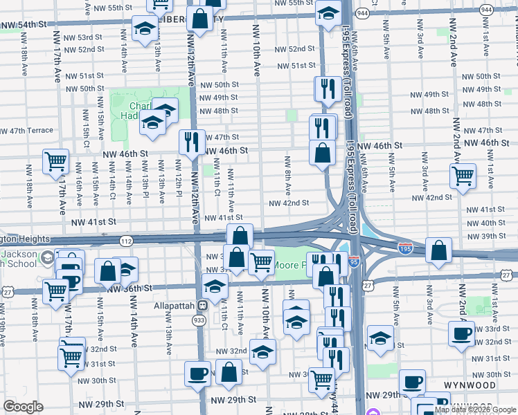 map of restaurants, bars, coffee shops, grocery stores, and more near 4150 Northwest 10th Avenue in Miami