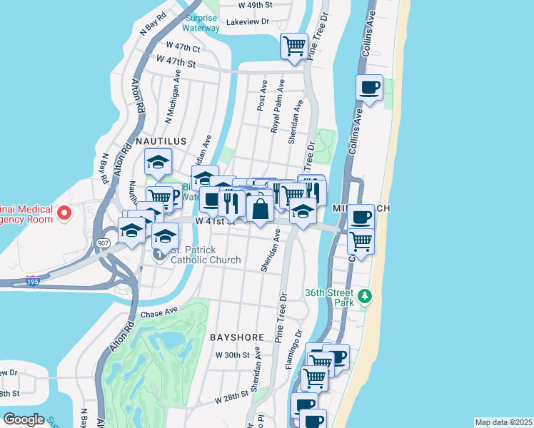 map of restaurants, bars, coffee shops, grocery stores, and more near 432 Arthur Godfrey Road in Miami Beach