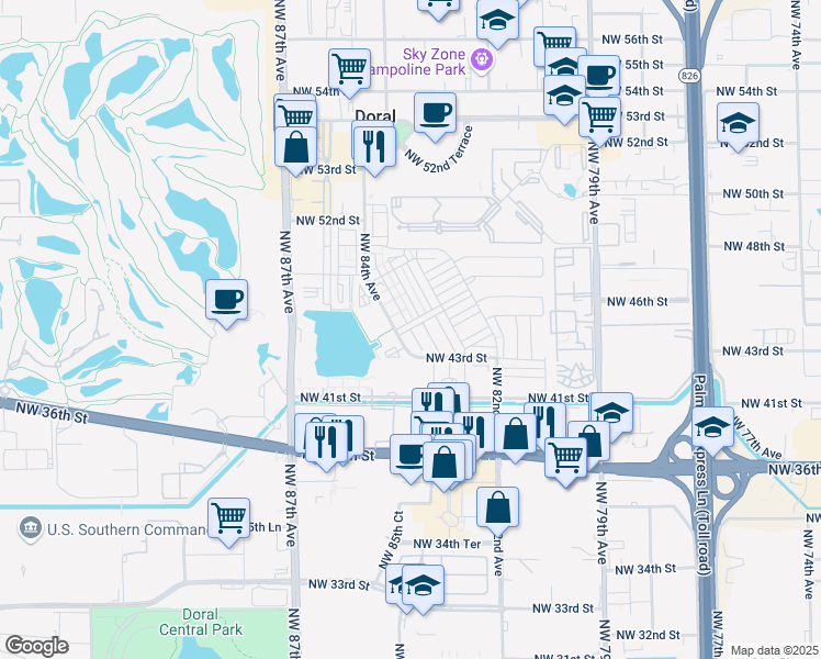 map of restaurants, bars, coffee shops, grocery stores, and more near 8381 Northwest 43rd Street in Doral