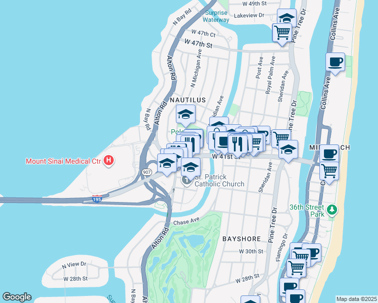 map of restaurants, bars, coffee shops, grocery stores, and more near 4142 North Jefferson Avenue in Miami Beach