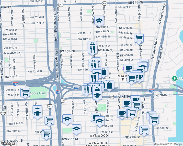 map of restaurants, bars, coffee shops, grocery stores, and more near 247 Northwest 40th Street in Miami