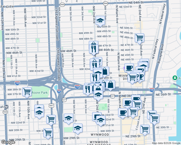 map of restaurants, bars, coffee shops, grocery stores, and more near 245-247 Northwest 40th Street in Miami
