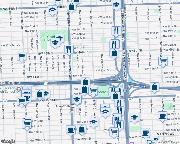 map of restaurants, bars, coffee shops, grocery stores, and more near 1030 Northwest 41st Street in Miami