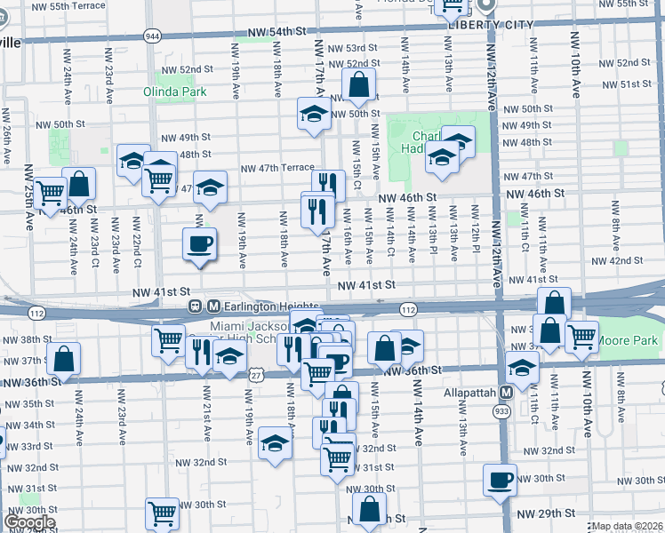 map of restaurants, bars, coffee shops, grocery stores, and more near 1701 Northwest 41st Street in Miami