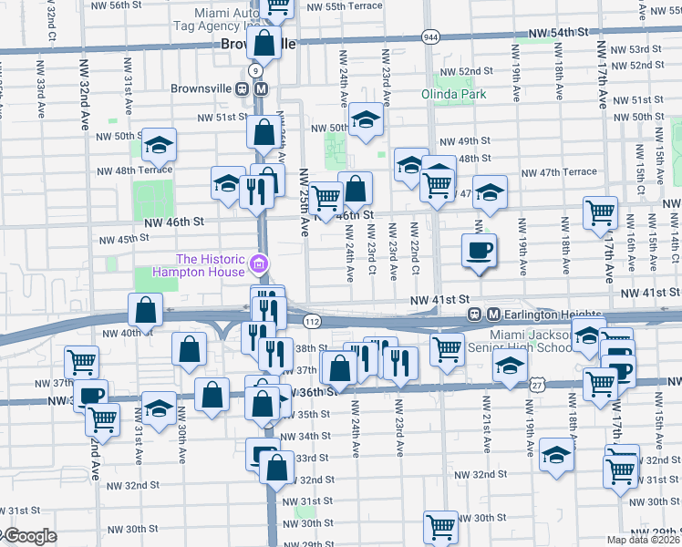 map of restaurants, bars, coffee shops, grocery stores, and more near 2402 Northwest 42nd Street in Miami