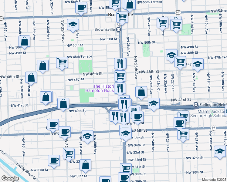 map of restaurants, bars, coffee shops, grocery stores, and more near 4196 Northwest 27th Avenue in Miami