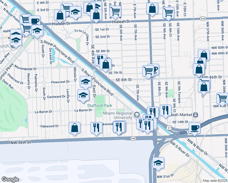 map of restaurants, bars, coffee shops, grocery stores, and more near 501 South Royal Poinciana Boulevard in Miami Springs