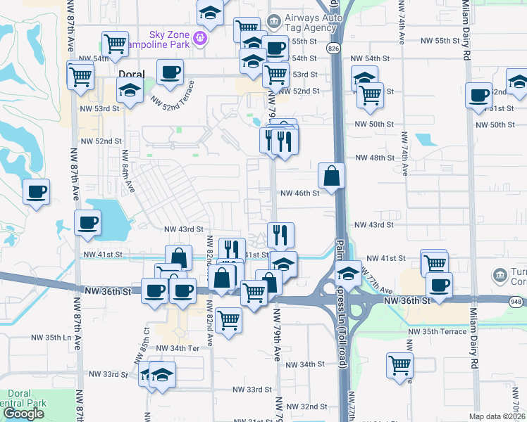 map of restaurants, bars, coffee shops, grocery stores, and more near 4350 Northwest 79th Avenue in Doral