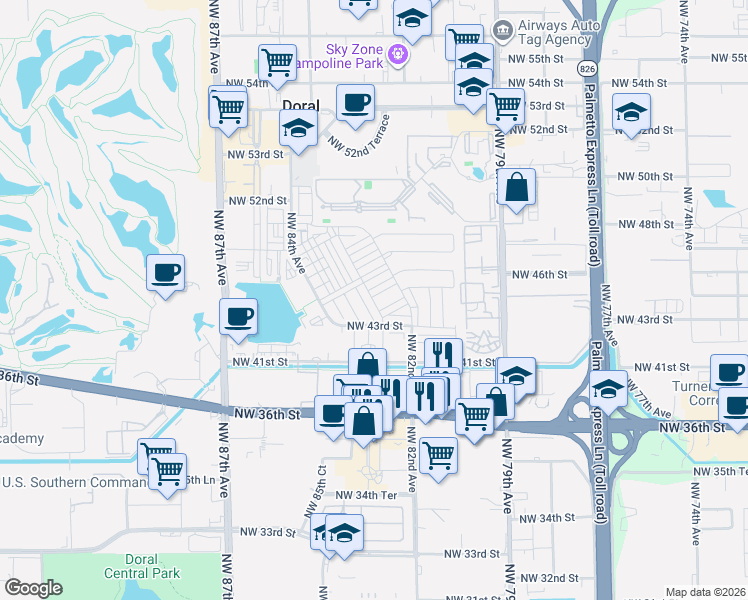 map of restaurants, bars, coffee shops, grocery stores, and more near 7901 Northwest 41st Street in Doral