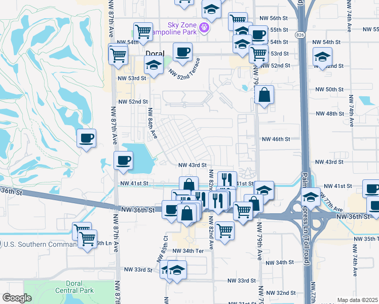 map of restaurants, bars, coffee shops, grocery stores, and more near 7901 Northwest 41st Street in Doral