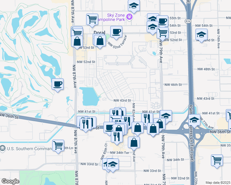 map of restaurants, bars, coffee shops, grocery stores, and more near 8381 Northwest 43rd Street in Doral
