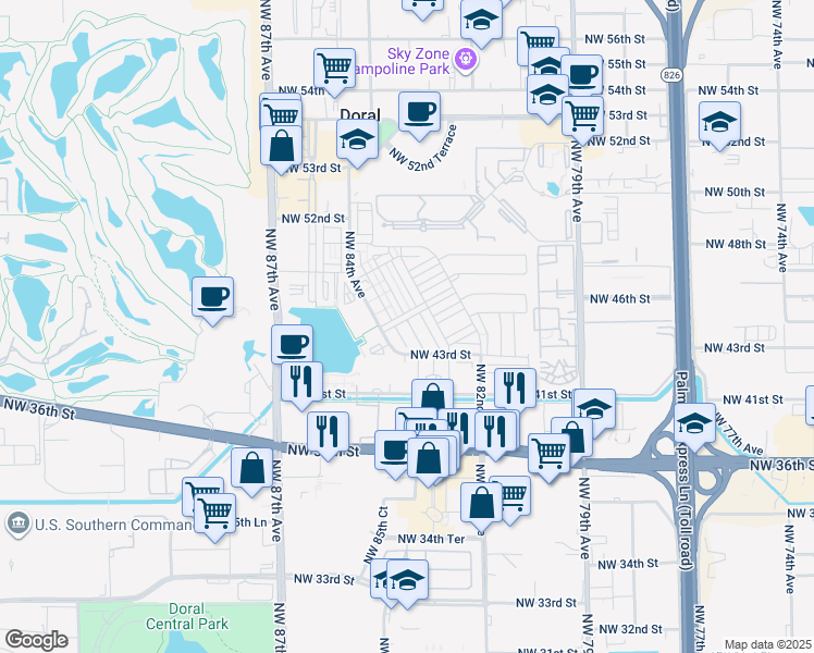 map of restaurants, bars, coffee shops, grocery stores, and more near 8381 Northwest 43rd Street in Doral
