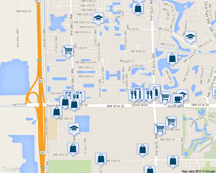 map of restaurants, bars, coffee shops, grocery stores, and more near 11026 Northwest 43rd Terrace in Doral