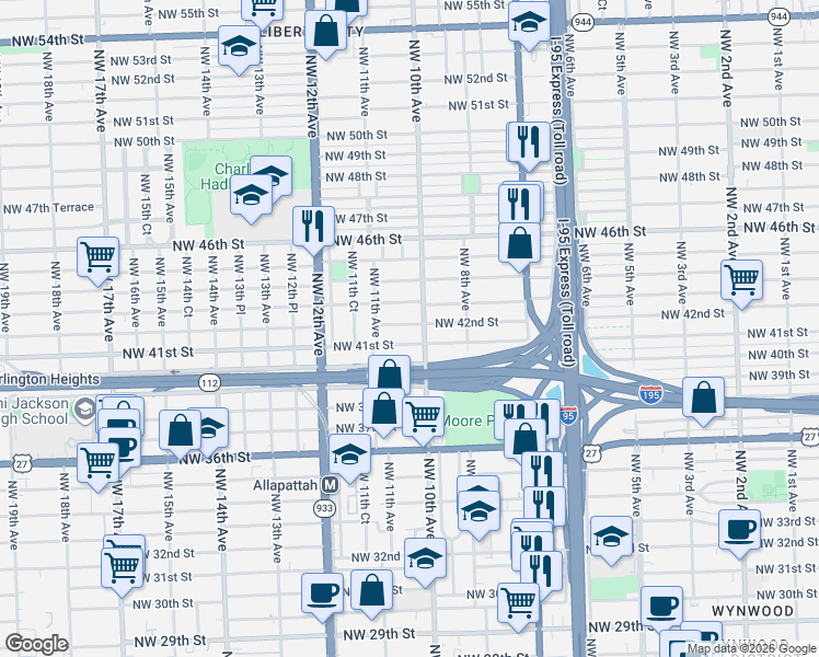 map of restaurants, bars, coffee shops, grocery stores, and more near 1030 Northwest 41st Street in Miami