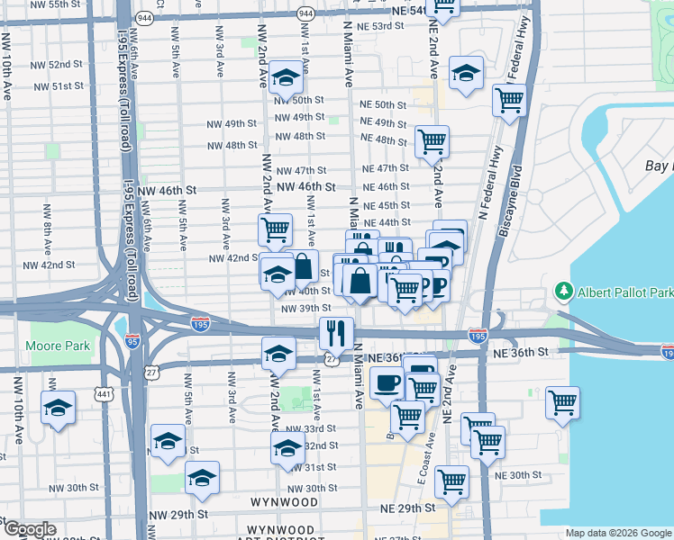 map of restaurants, bars, coffee shops, grocery stores, and more near in Miami