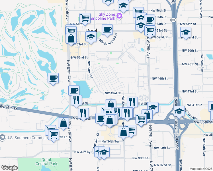 map of restaurants, bars, coffee shops, grocery stores, and more near 8381 Northwest 43rd Street in Doral