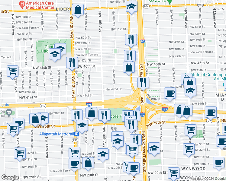 map of restaurants, bars, coffee shops, grocery stores, and more near 800 Northwest 42nd Street in Miami