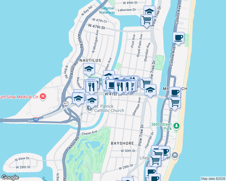 map of restaurants, bars, coffee shops, grocery stores, and more near 4100 Prairie Avenue in Miami Beach