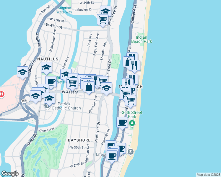 map of restaurants, bars, coffee shops, grocery stores, and more near in Miami Beach