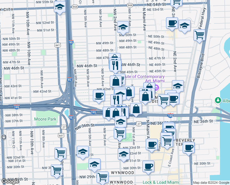 map of restaurants, bars, coffee shops, grocery stores, and more near 243 Northwest 42nd Street in Miami
