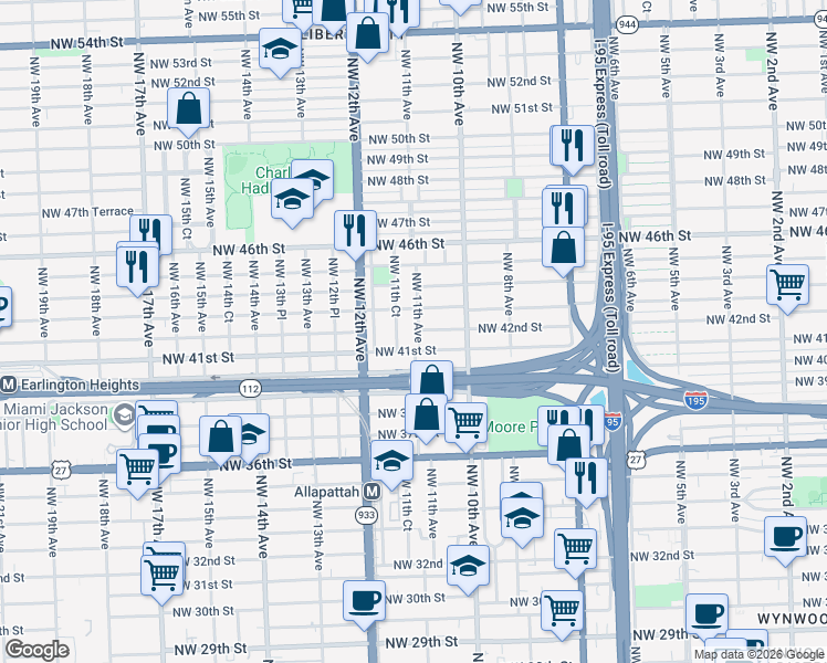 map of restaurants, bars, coffee shops, grocery stores, and more near 4230 Northwest 11th Avenue in Miami