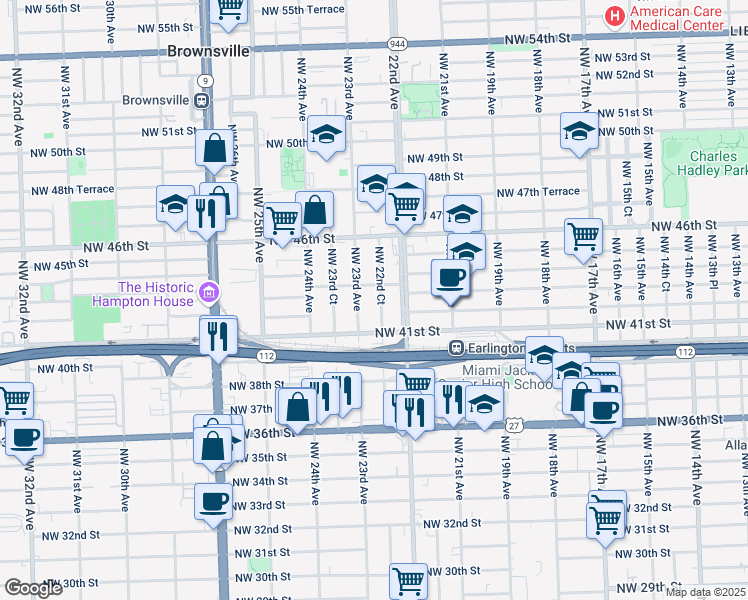 map of restaurants, bars, coffee shops, grocery stores, and more near 4303 Northwest 22nd Court in Miami