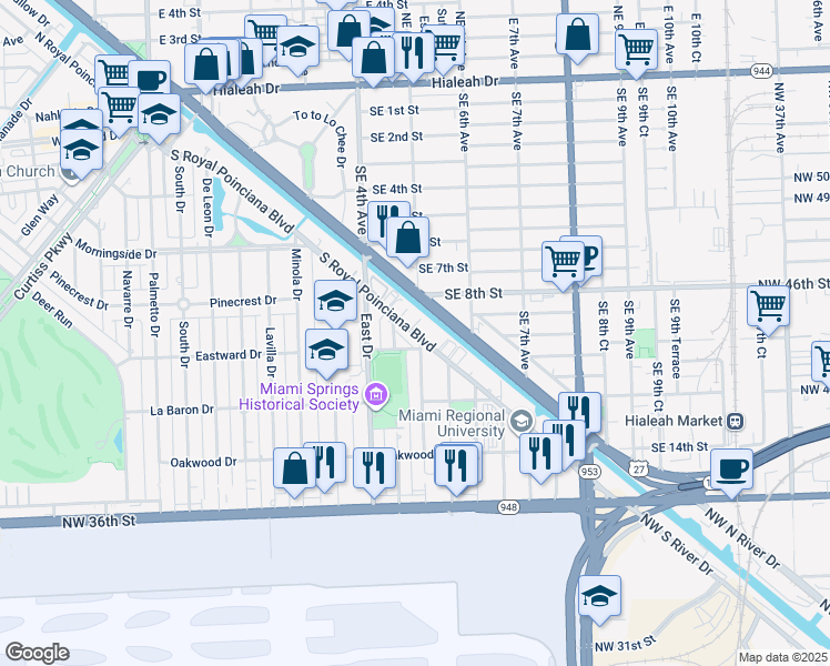 map of restaurants, bars, coffee shops, grocery stores, and more near 333 South Royal Poinciana Boulevard in Miami Springs