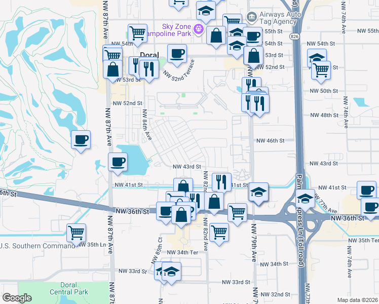 map of restaurants, bars, coffee shops, grocery stores, and more near 8252 Northwest 46th Terrace in Doral