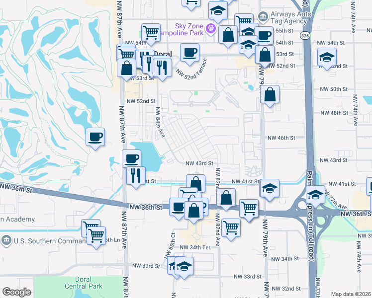 map of restaurants, bars, coffee shops, grocery stores, and more near 4663 Northwest 83rd Path in Doral