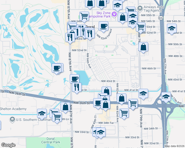 map of restaurants, bars, coffee shops, grocery stores, and more near 4696 Northwest 84th Avenue in Doral