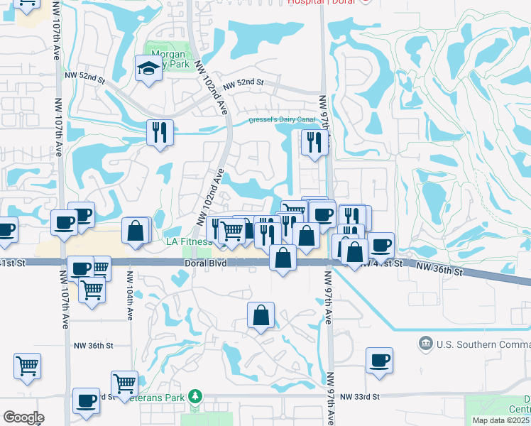 map of restaurants, bars, coffee shops, grocery stores, and more near 9935 Northwest 46th Street in Doral